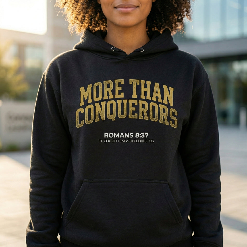 More Than Conquerors Hoodie, Romans 8:37 Scripture Sweatshirt, Christian Faith Hoodie, Unisex Cozy Pullover, Gift for Him Her