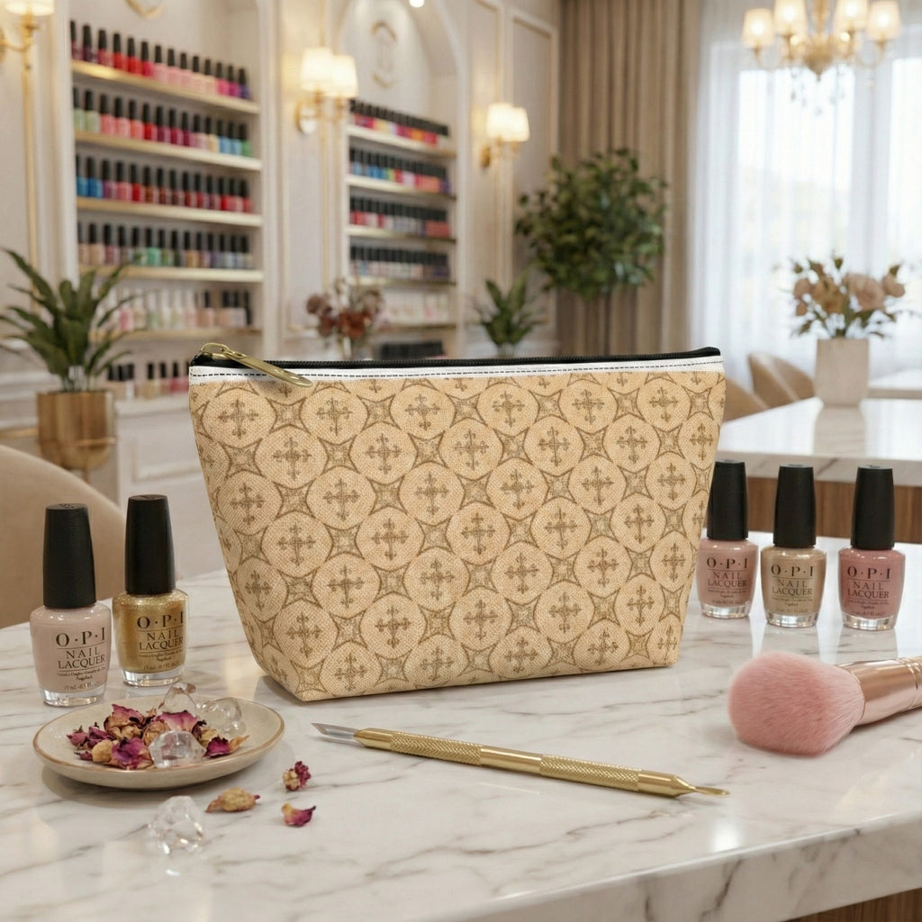 Nail Tech Makeup Bag for Press On Nails, Neutral Cross Pattern Cosmetic Pouch, Christian Travel Toiletry Bag, Faith Gift for Her