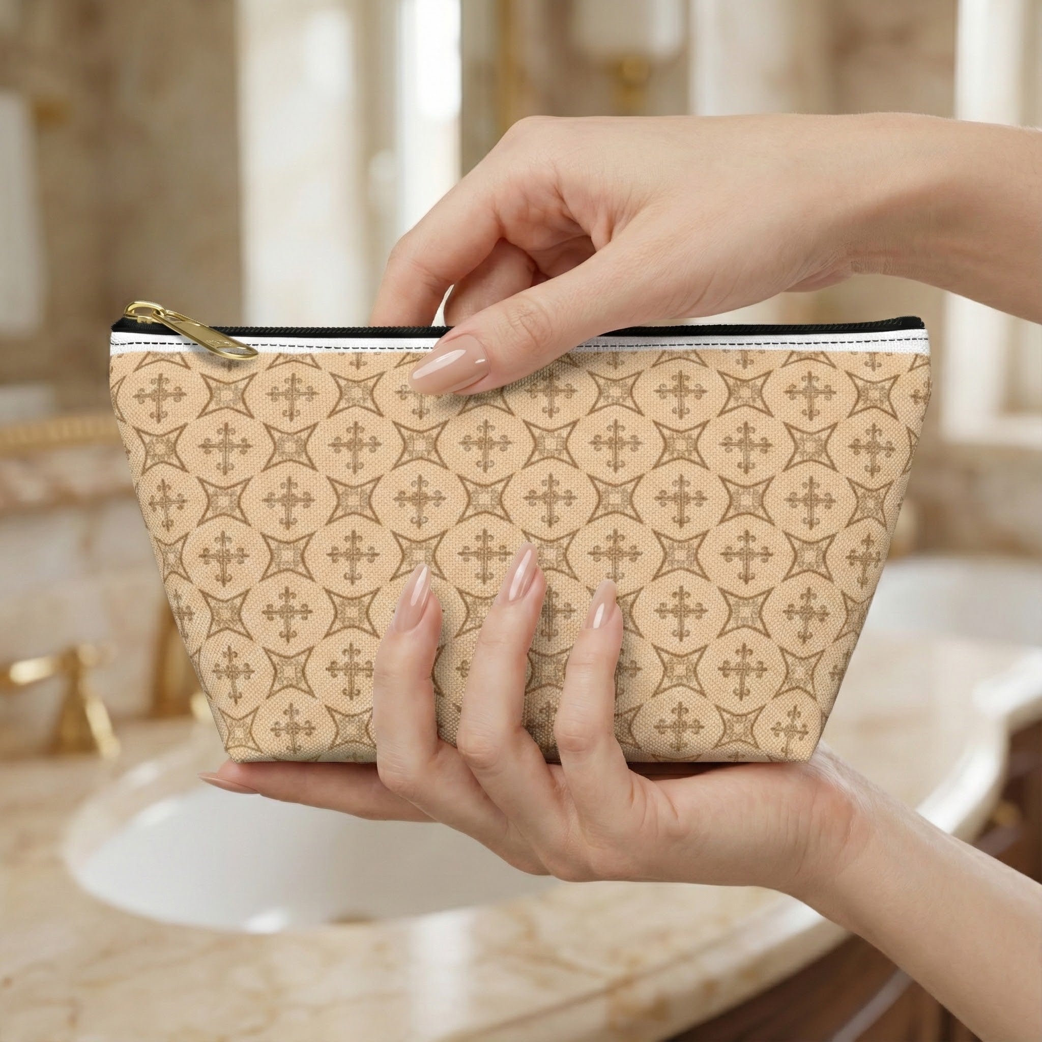 Nail Tech Makeup Bag for Press On Nails, Neutral Cross Pattern Cosmetic Pouch, Christian Travel Toiletry Bag, Faith Gift for Her