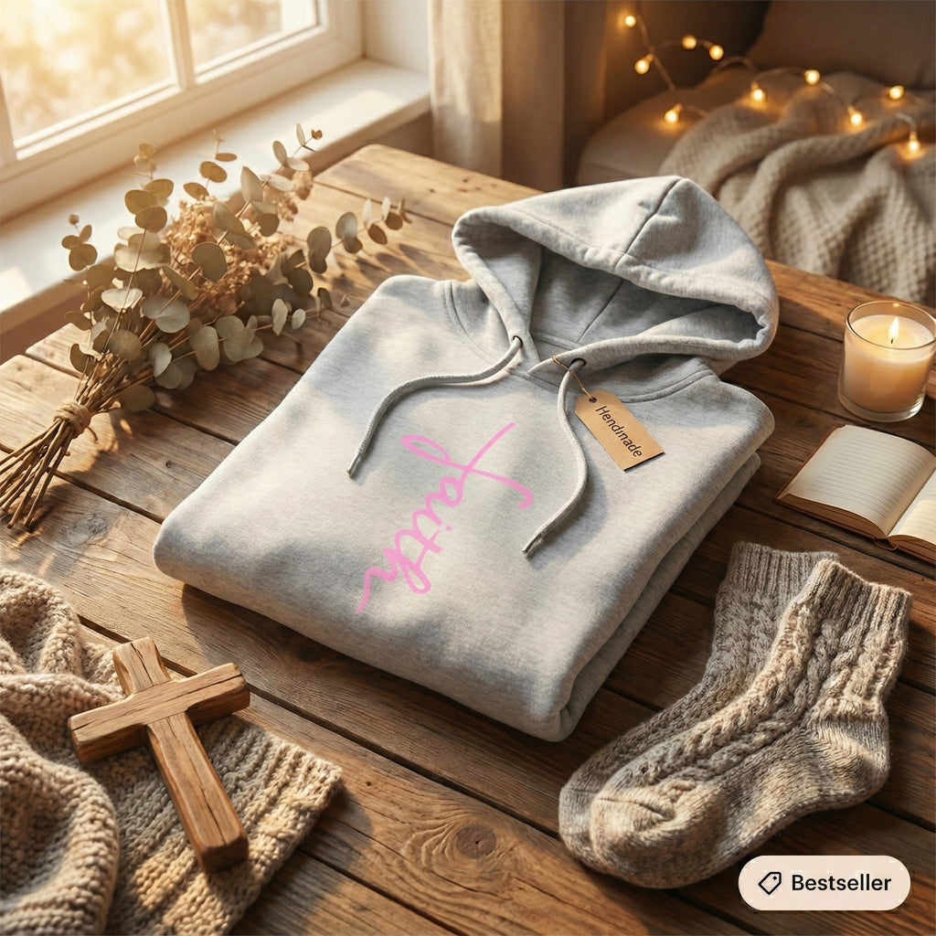 Faith script with heart Hoodie | White vertical faith design