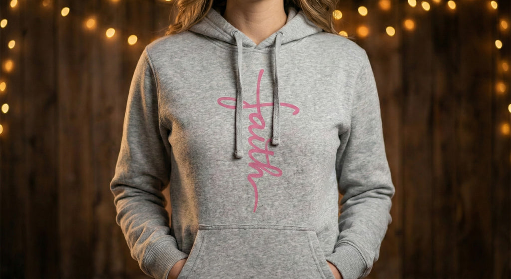Faith script with heart Hoodie | White vertical faith design