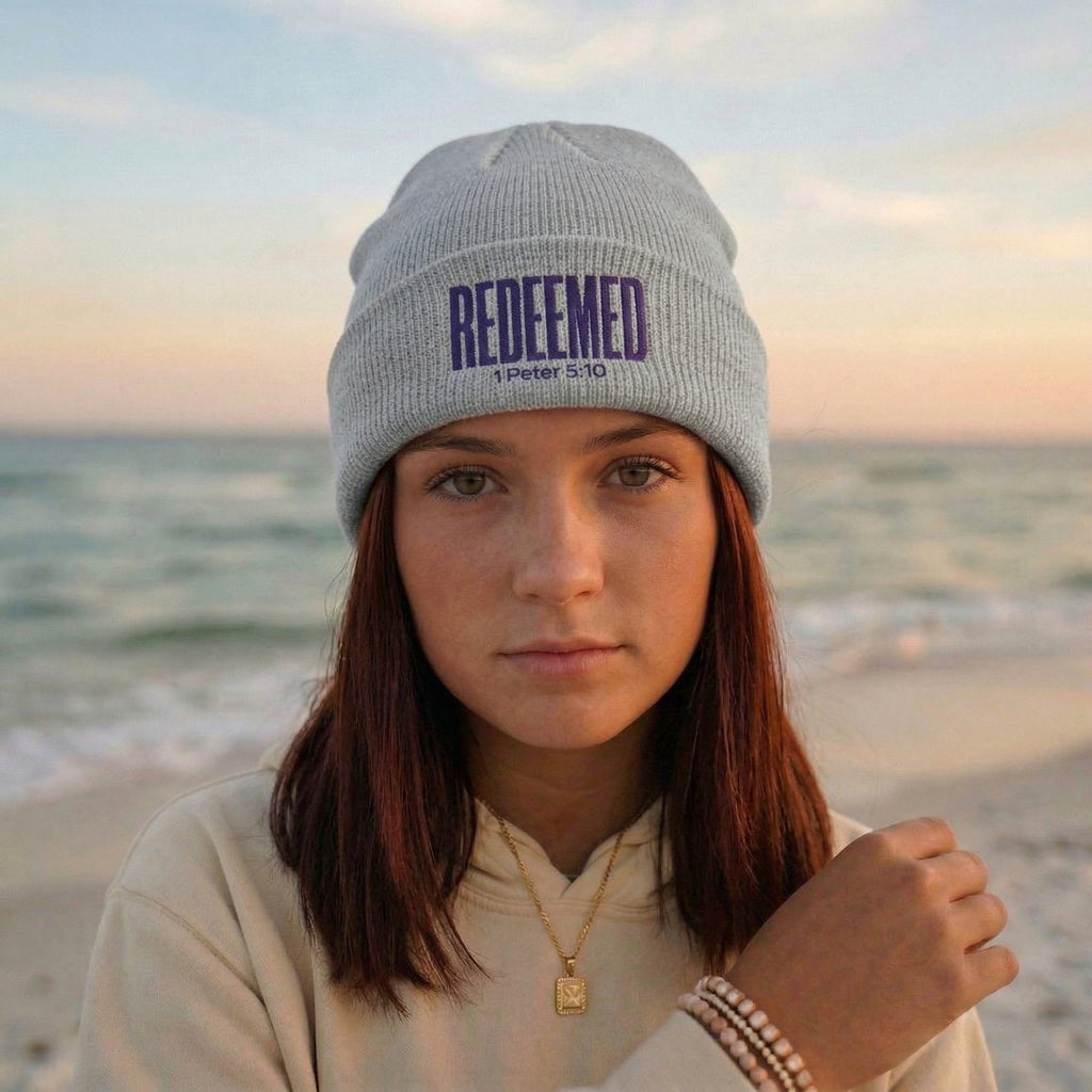 Redeemed Beanie, Embroidered Christian Cuff Beanie, 1 Peter 5:10 Scripture Hat, Winter Knit Cap, Faith Gift