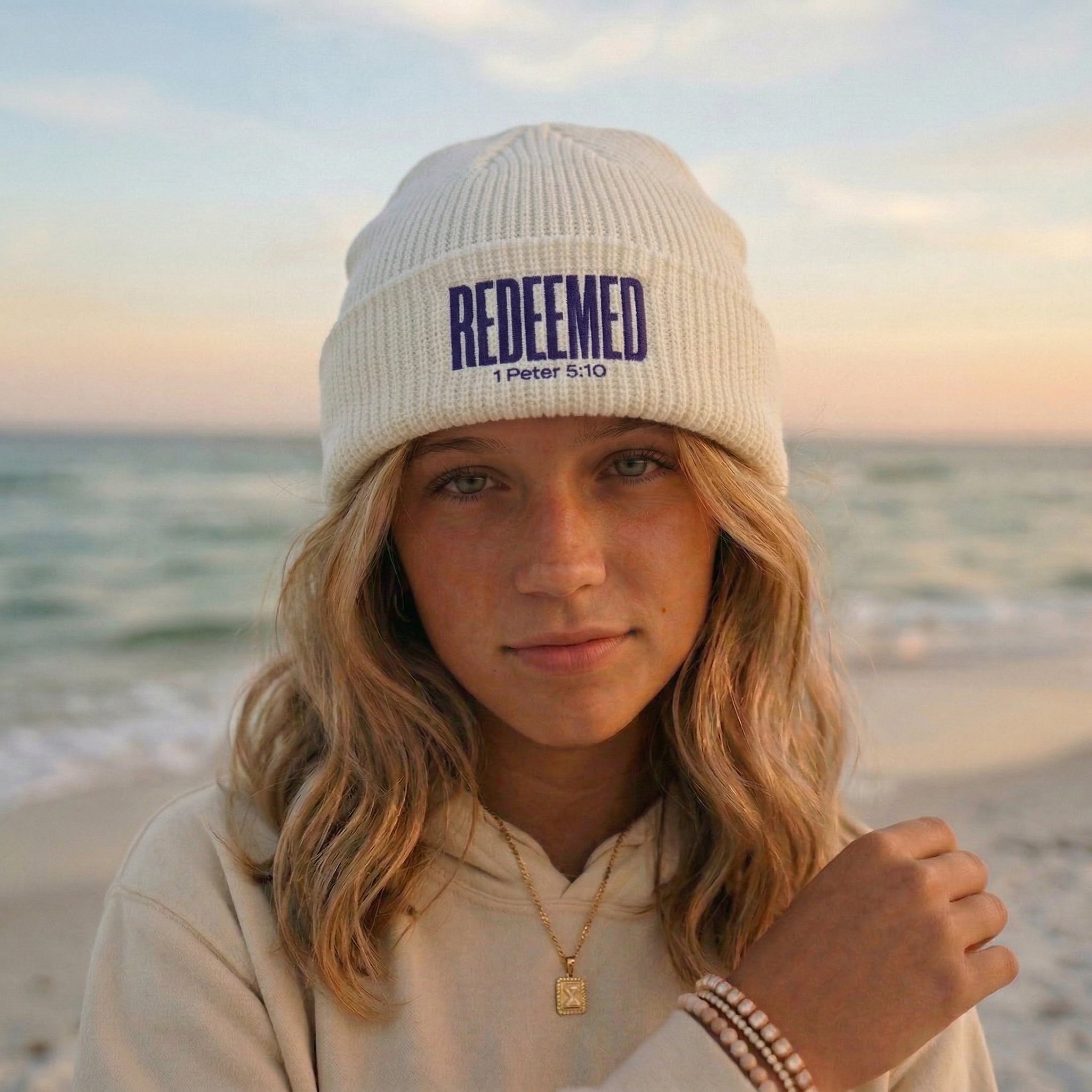 Redeemed Beanie, Embroidered Christian Cuff Beanie, 1 Peter 5:10 Scripture Hat, Winter Knit Cap, Faith Gift