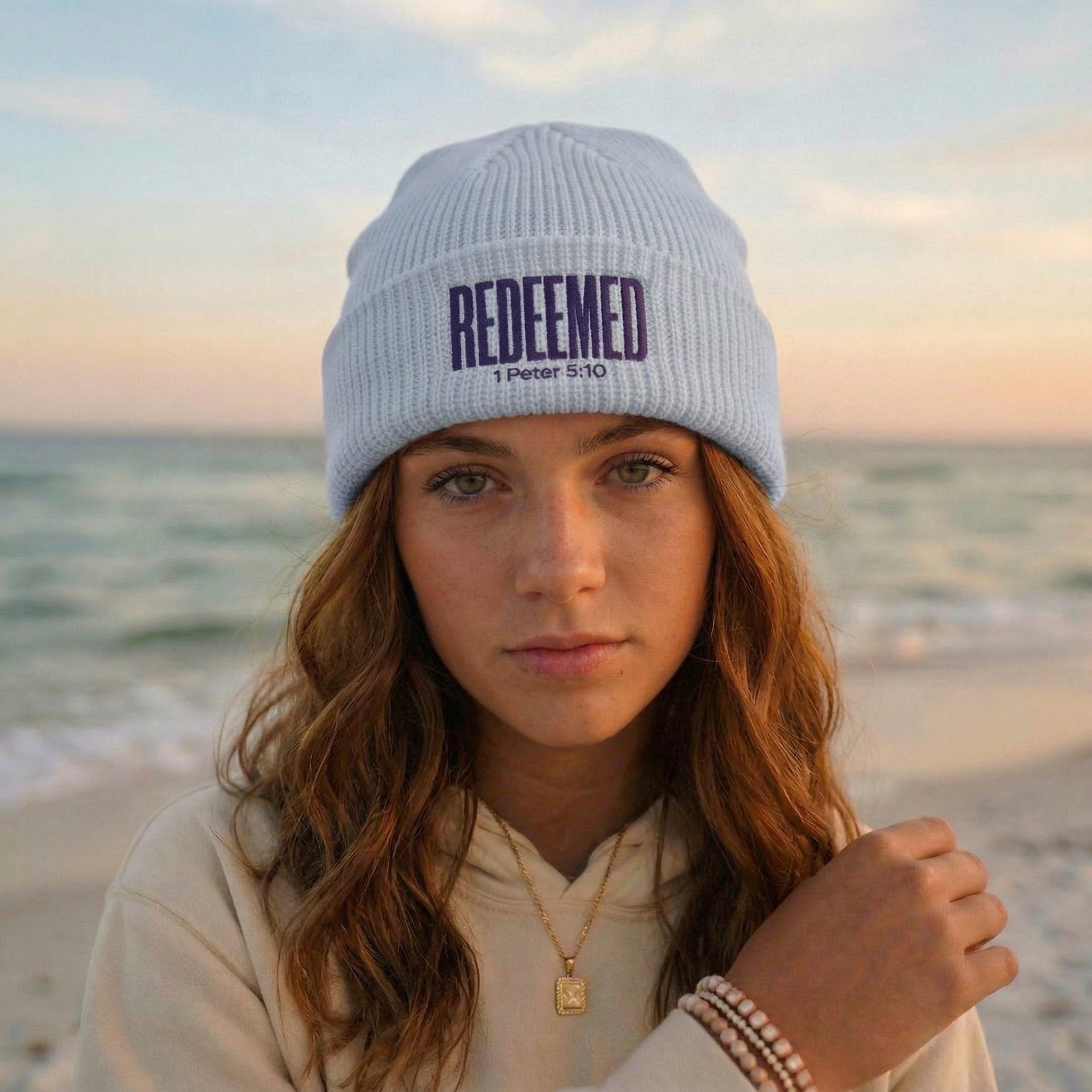 Redeemed Beanie, Embroidered Christian Cuff Beanie, 1 Peter 5:10 Scripture Hat, Winter Knit Cap, Faith Gift