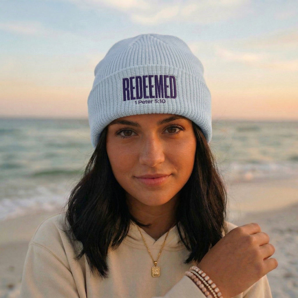 Redeemed Beanie, Embroidered Christian Cuff Beanie, 1 Peter 5:10 Scripture Hat, Winter Knit Cap, Faith Gift