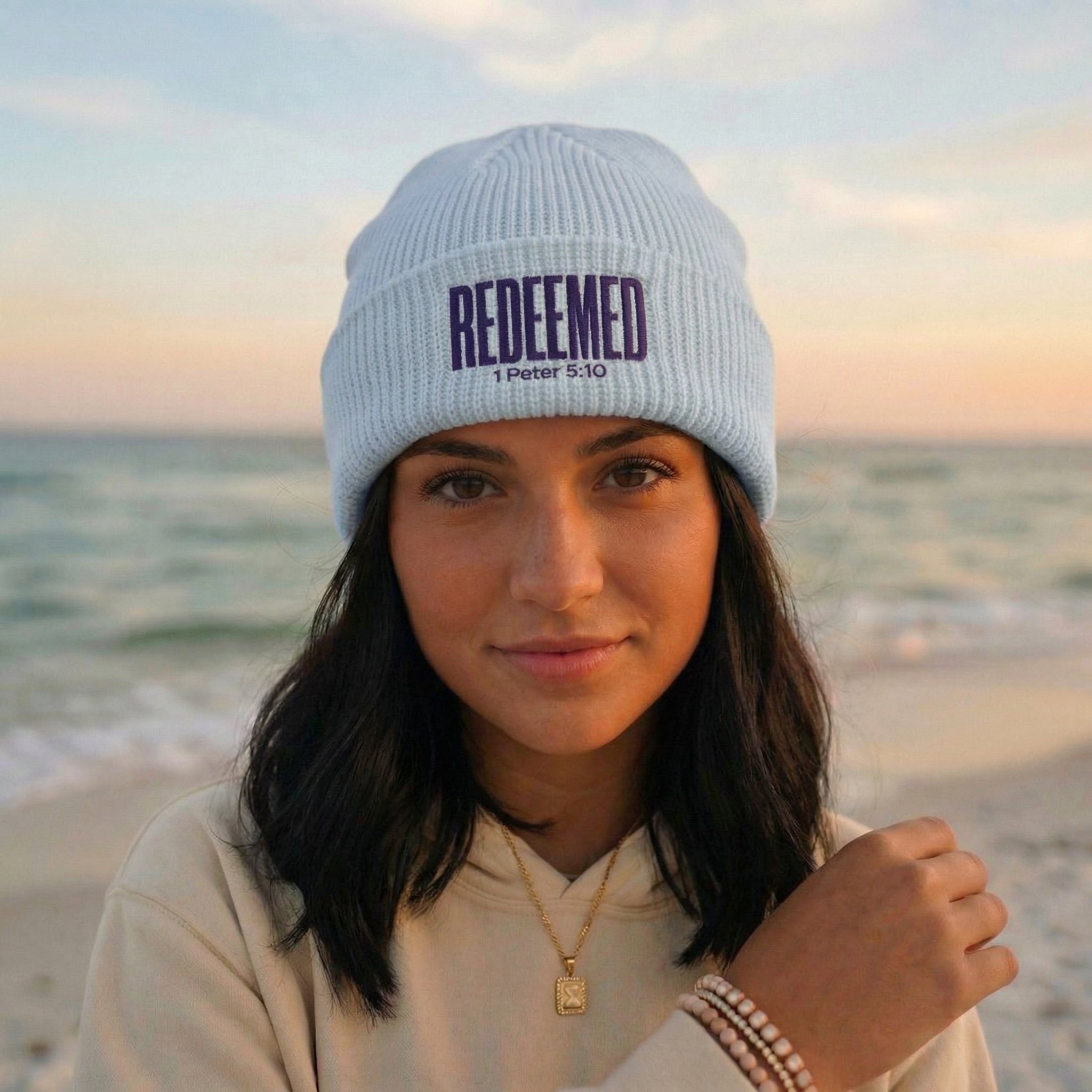 Redeemed Beanie, Embroidered Christian Cuff Beanie, 1 Peter 5:10 Scripture Hat, Winter Knit Cap, Faith Gift