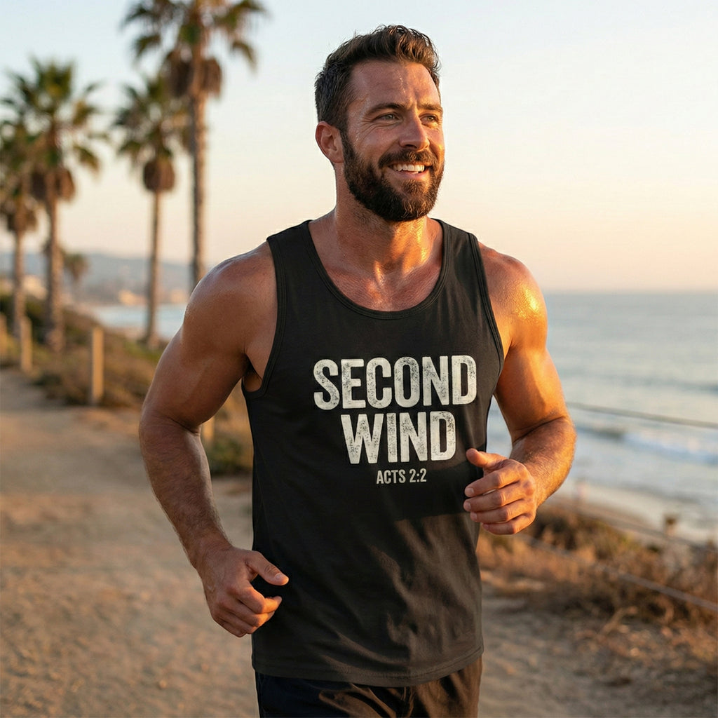 Second Wind Christian Tank Top | Acts 2:2 Bible Verse Shirt | Mens Christian Streetwear | Religious Workout Apparel | Gym Scripture Gift