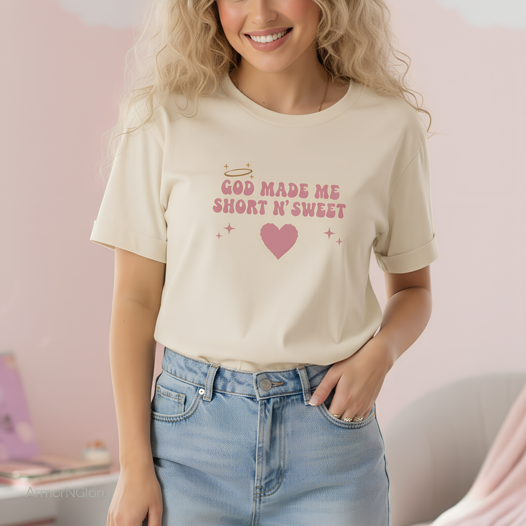 God Made Me Short n Sweet Shirt, Christian Womens Tee, Faith Pop Aesthetic Shirt, Sabrina Trend Butter Yellow Christian Apparel