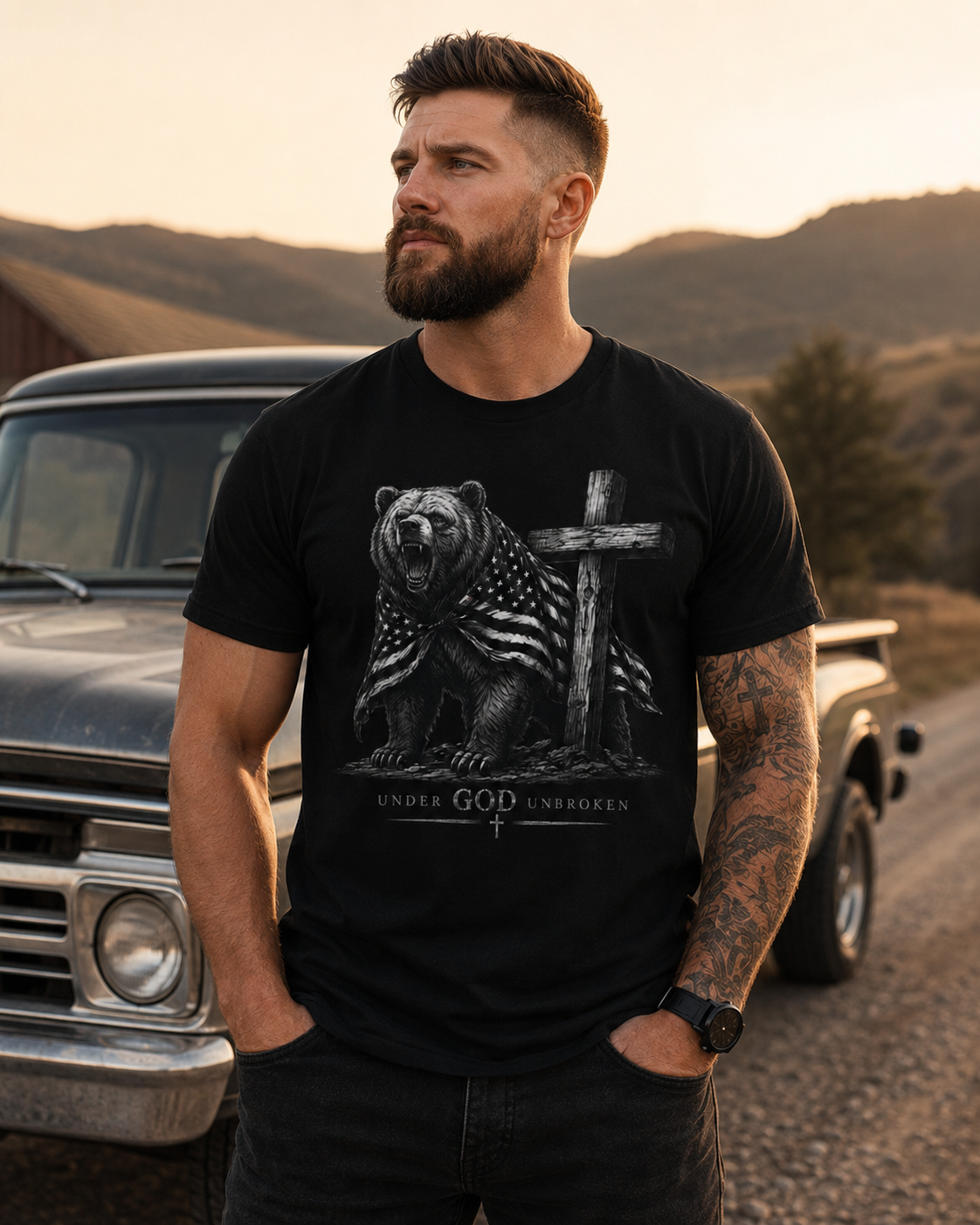 Under God Unbroken Shirt, Patriotic Christian Bear Tee, Faith Freedom Cross Shirt