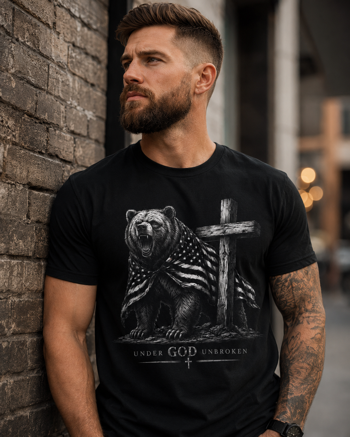 Under God Unbroken Shirt, Patriotic Christian Bear Tee, Faith Freedom Cross Shirt