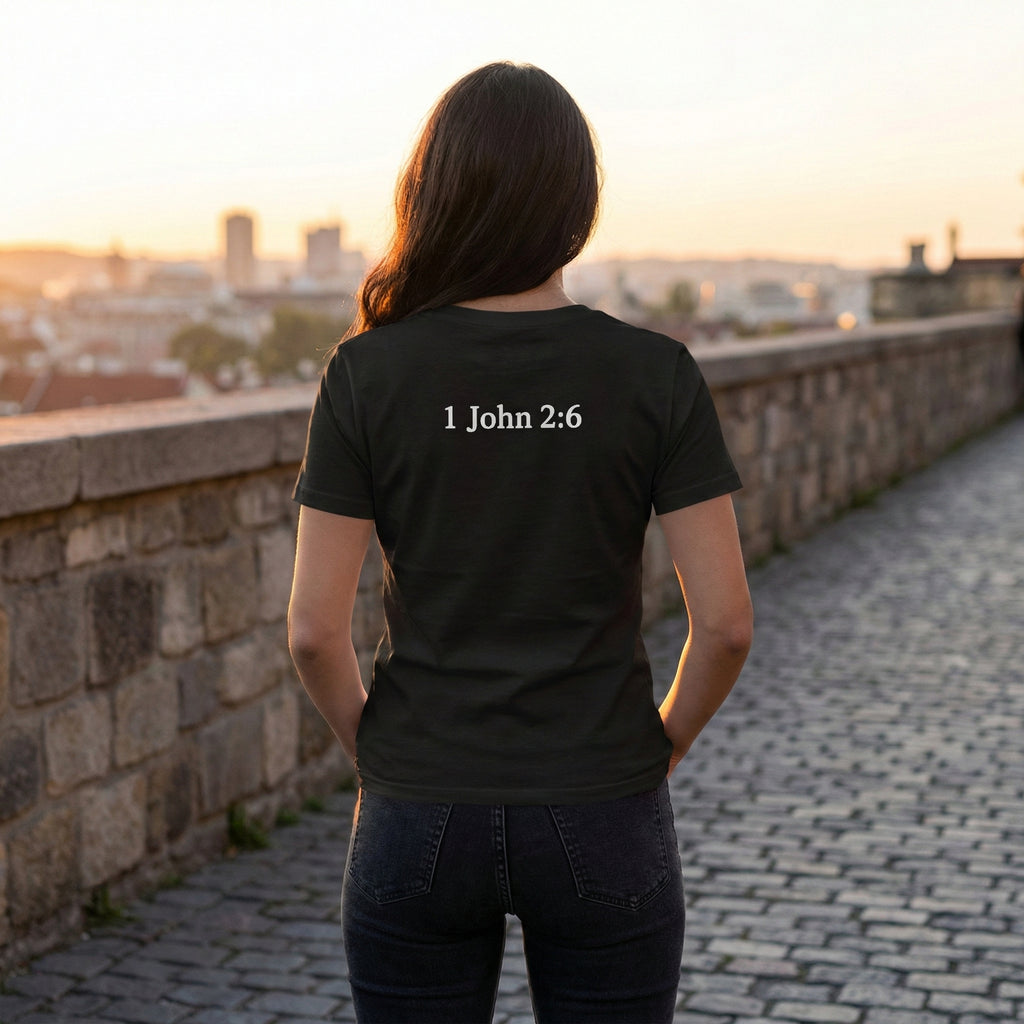WWJD chest print T-Shirt | 1 John 2:6 scripture back
