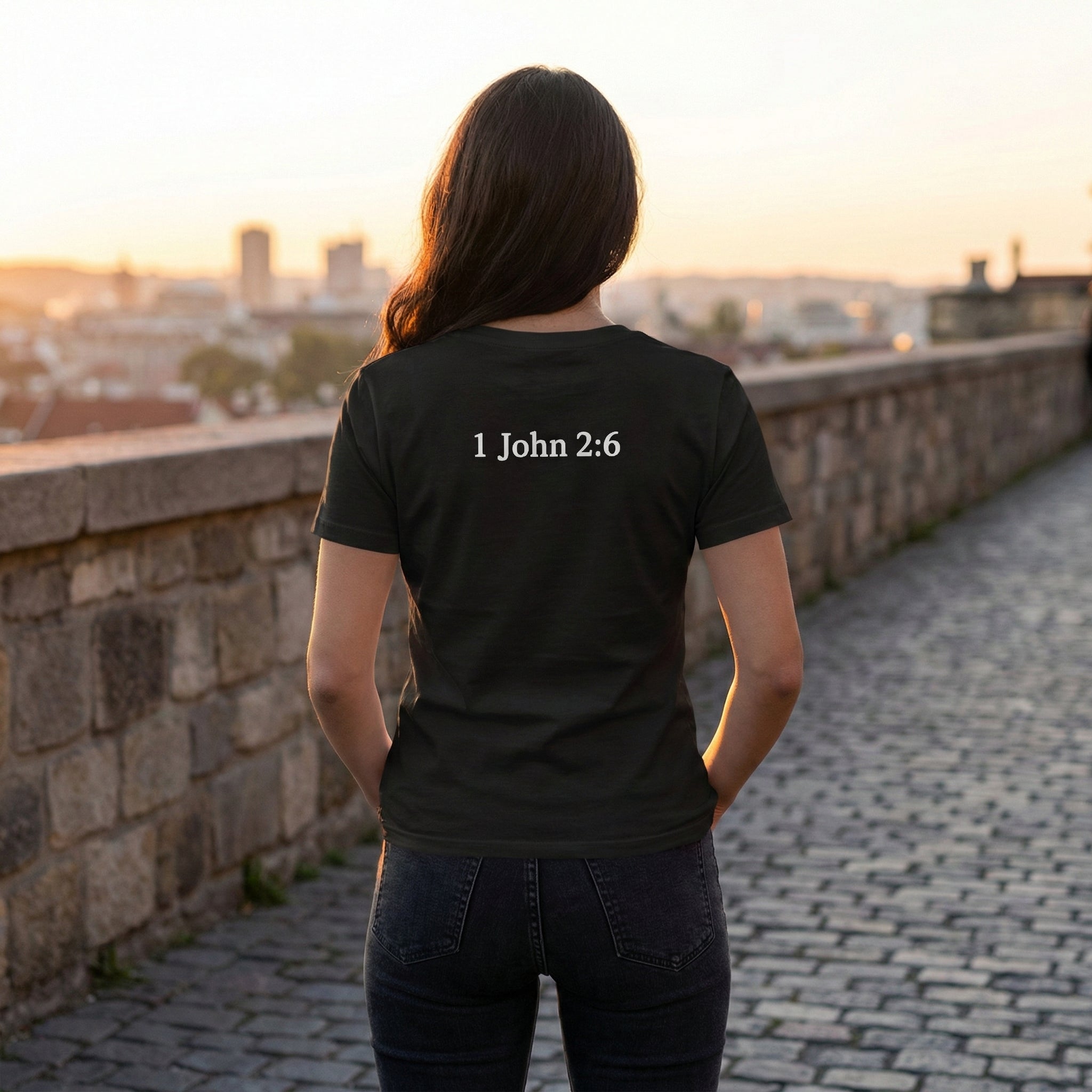 WWJD chest print T-Shirt | 1 John 2:6 scripture back