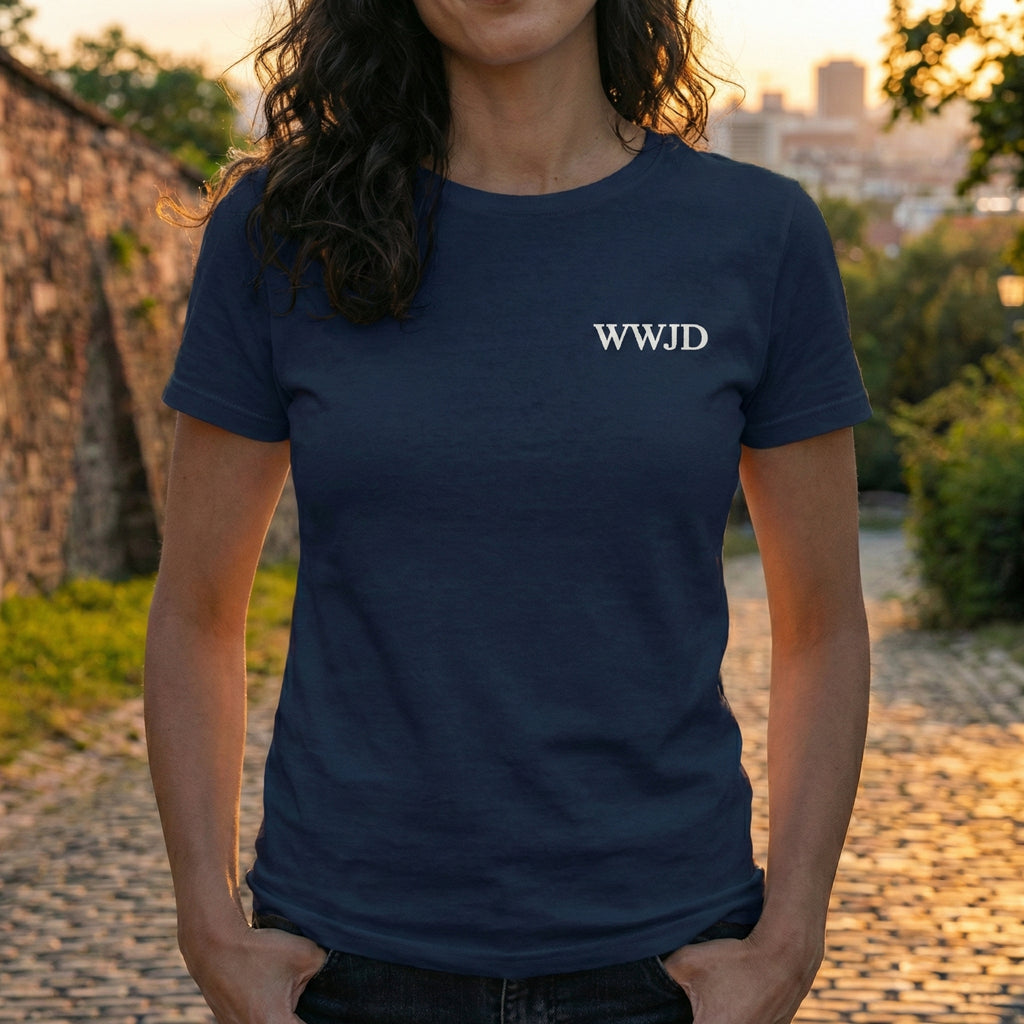 WWJD chest print T-Shirt | 1 John 2:6 scripture back