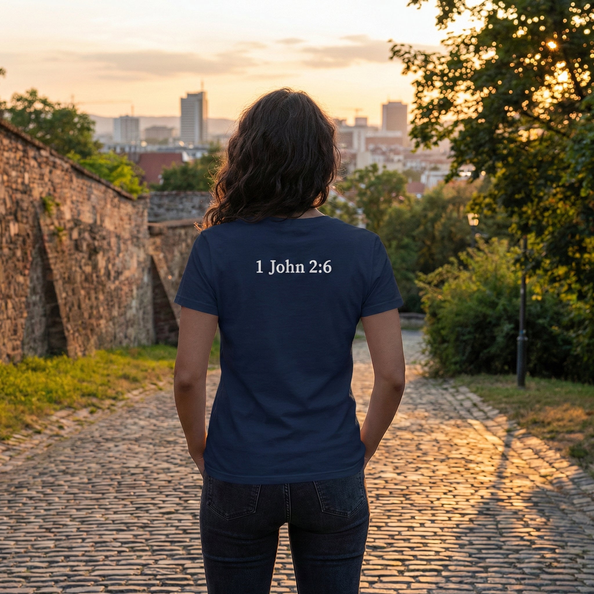 WWJD chest print T-Shirt | 1 John 2:6 scripture back