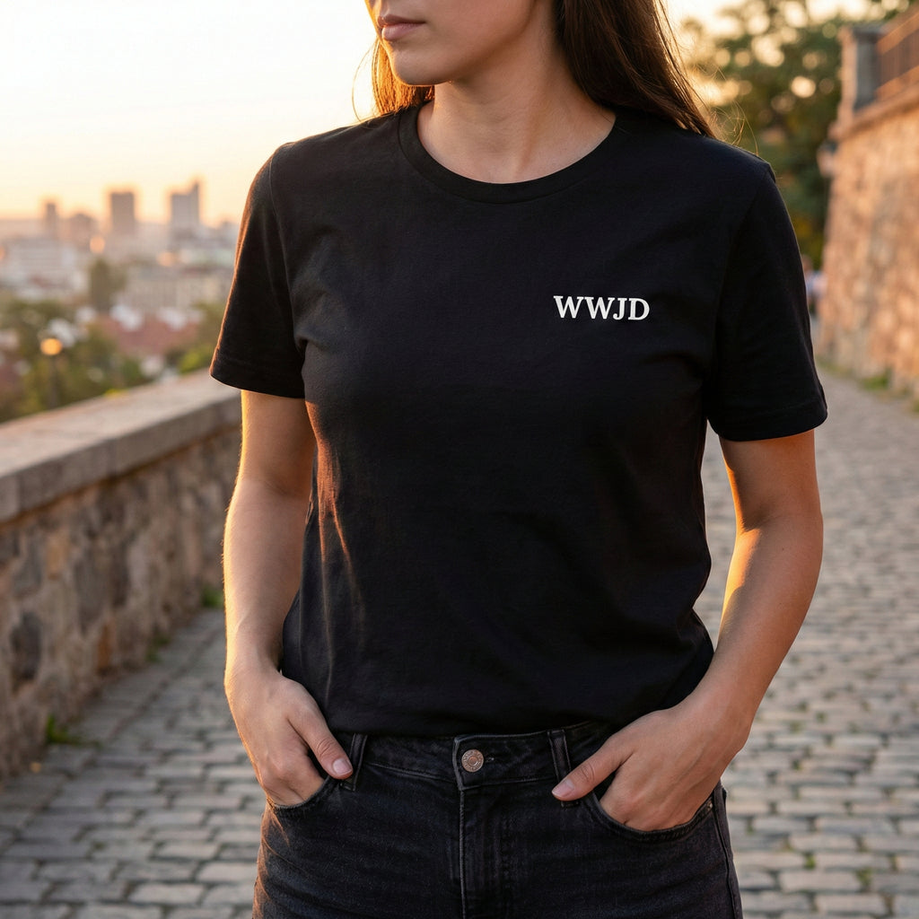 WWJD chest print T-Shirt | 1 John 2:6 scripture back