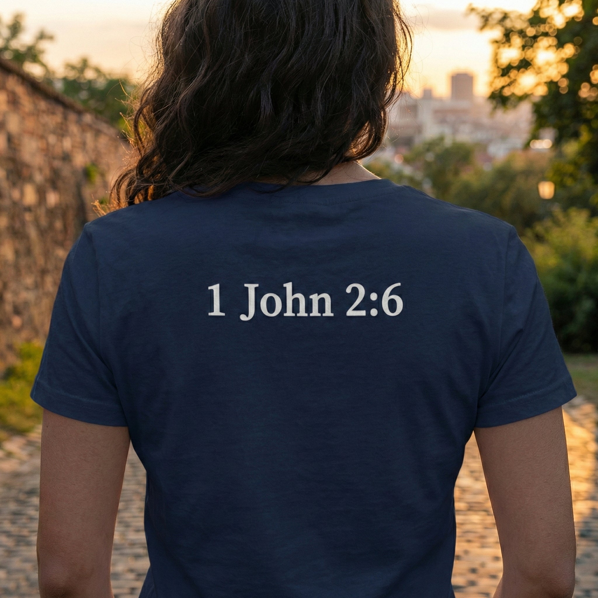 WWJD chest print T-Shirt | 1 John 2:6 scripture back