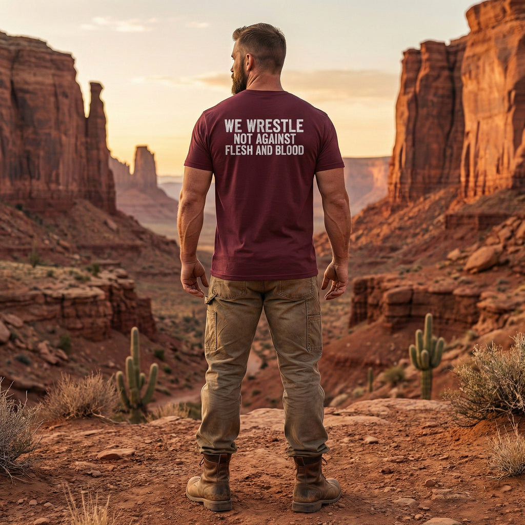 We Wrestle Not Against Flesh and Blood Shirt, Ephesians 6 12 Christian Tee, Spiritual Warfare Faith Shirt, Armor of God Prayer Warrior Gift
