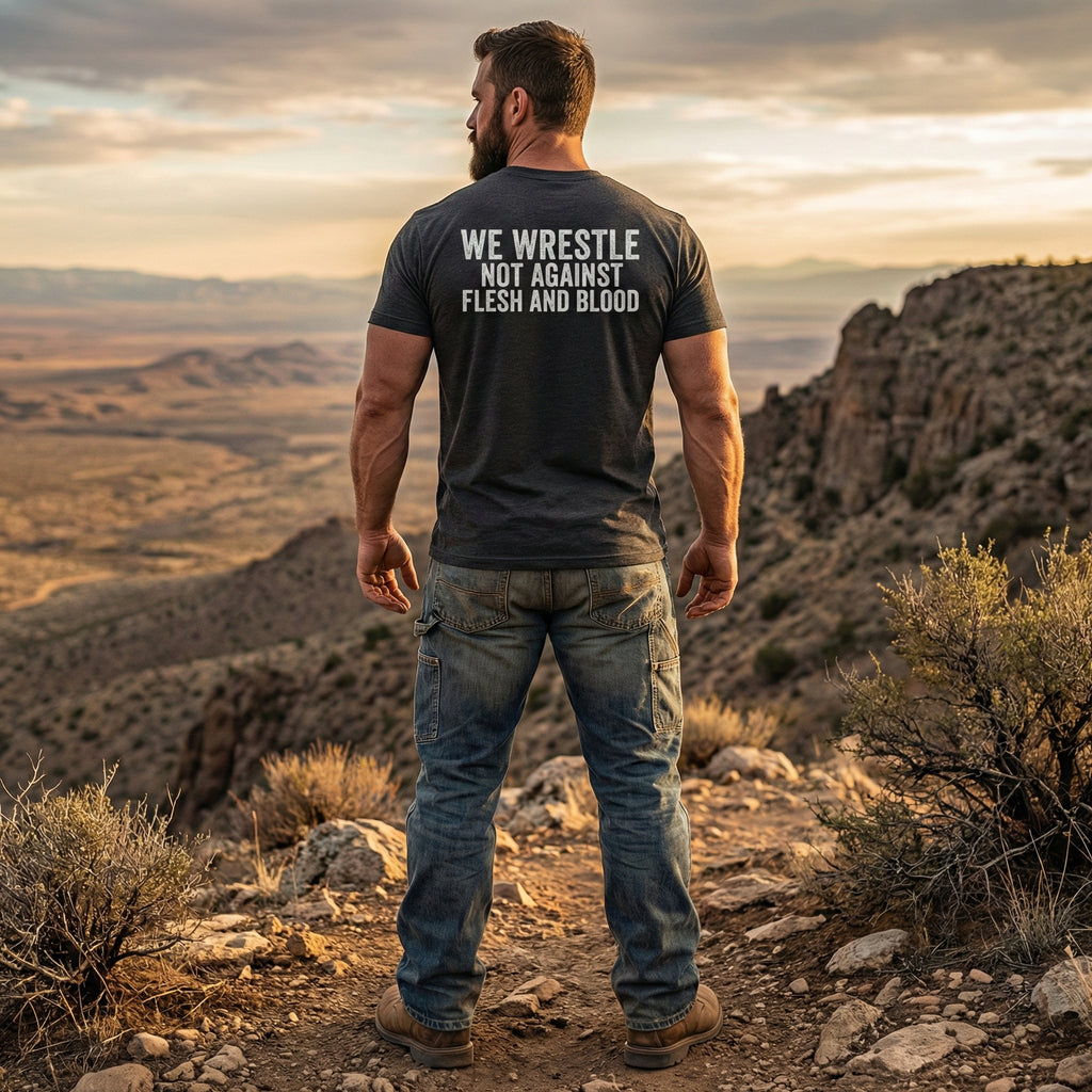 We Wrestle Not Against Flesh and Blood Shirt, Ephesians 6 12 Christian Tee, Spiritual Warfare Faith Shirt, Armor of God Prayer Warrior Gift