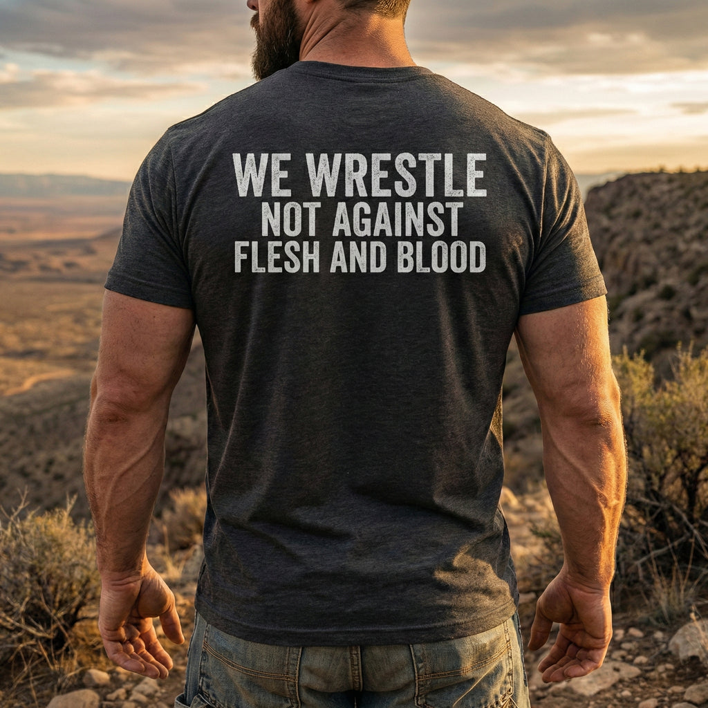 We Wrestle Not Against Flesh and Blood Shirt, Ephesians 6 12 Christian Tee, Spiritual Warfare Faith Shirt, Armor of God Prayer Warrior Gift