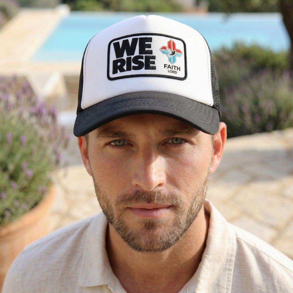 Christian Trucker Hat, We Rise Foam Hat, Retro Soccer Fan Cap, Faith Patch Hat, Stadium Style Christian Cap
