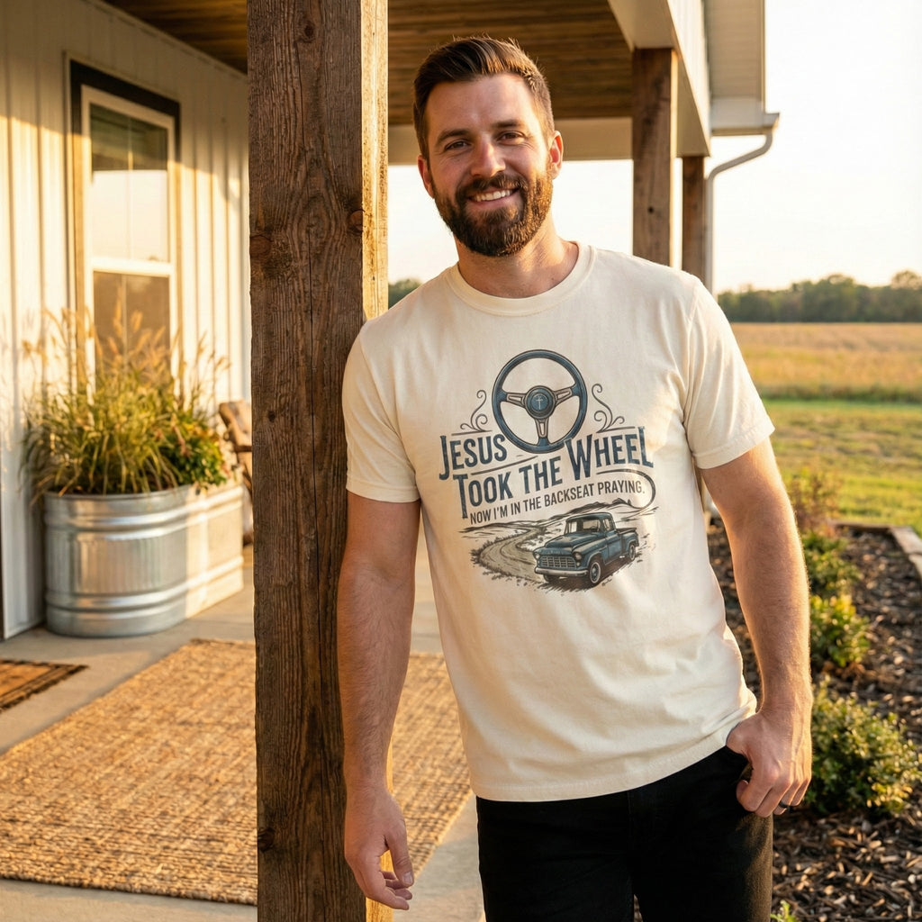 Jesus Took the Wheel steering wheel and vintage truck T-shirt | Christian faith shirt