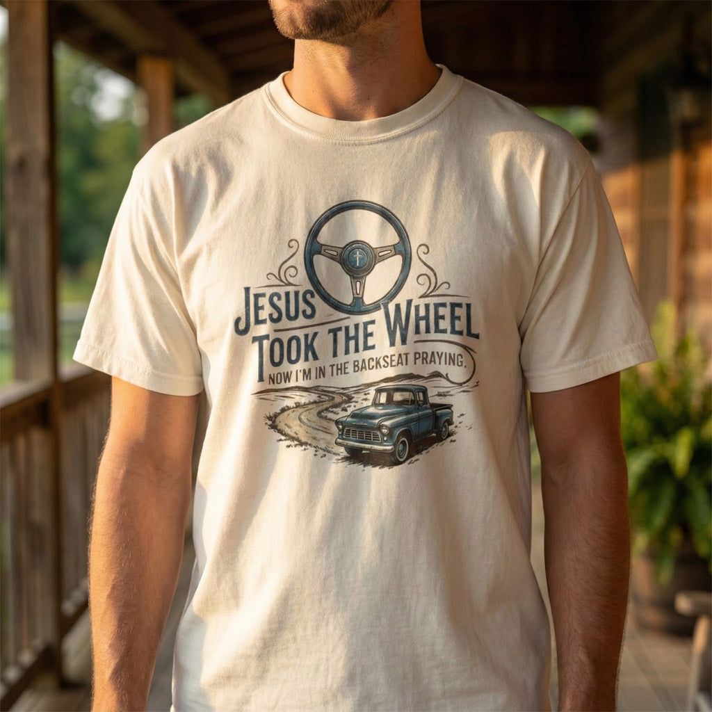Jesus Took the Wheel steering wheel and vintage truck T-shirt | Christian faith shirt