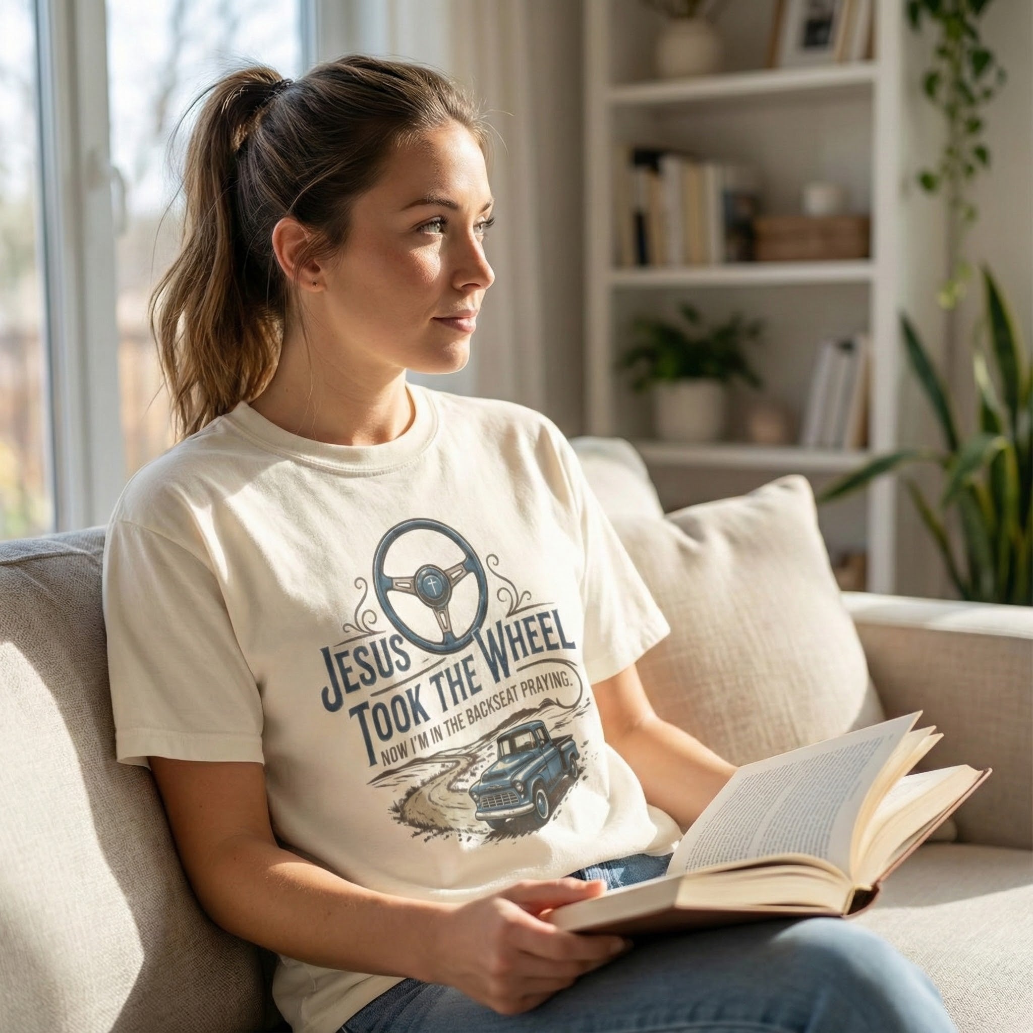 Jesus Took the Wheel steering wheel and vintage truck T-shirt | Christian faith shirt