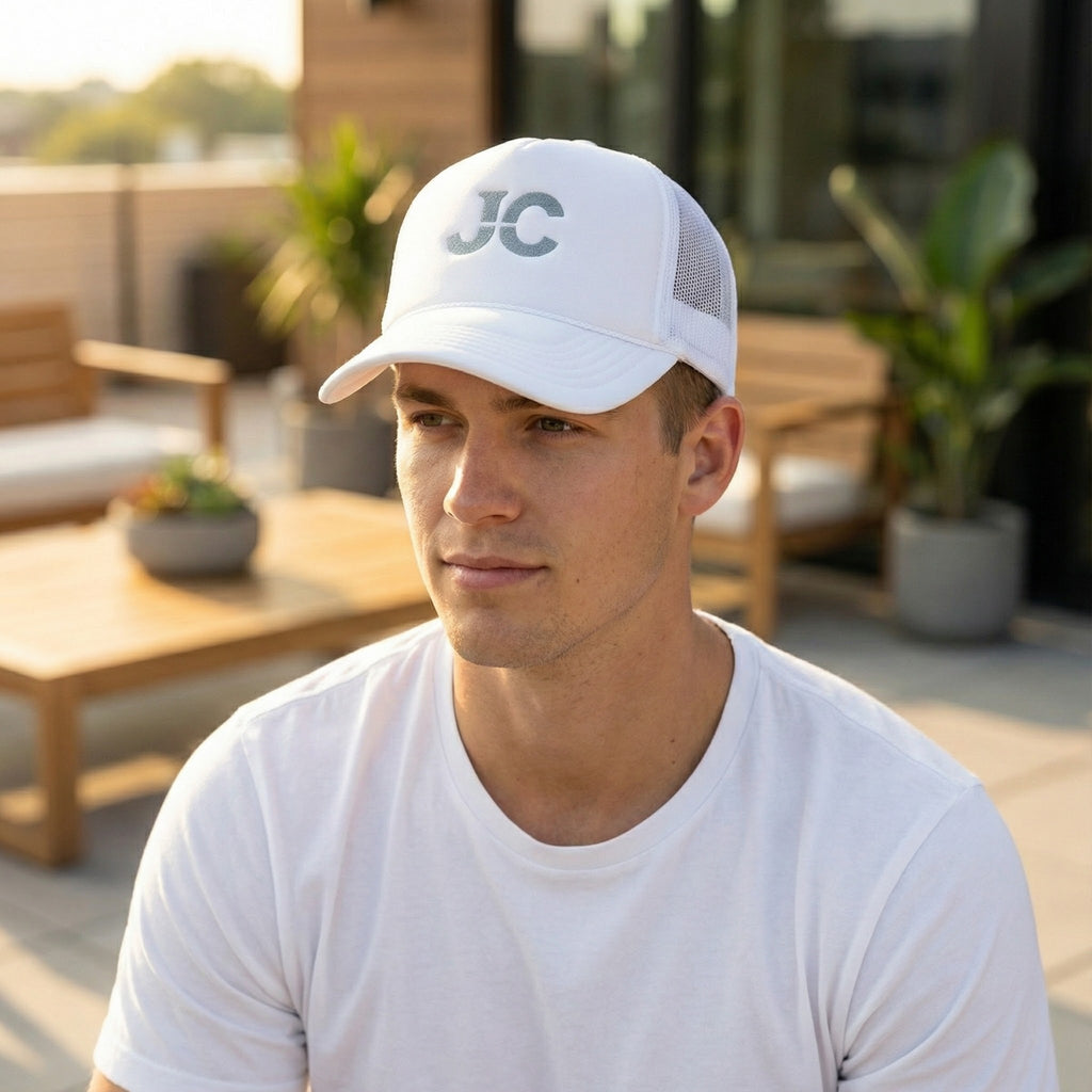 JC Jesus Christ Trucker Hat, Embroidered Faith Hat, White Mesh Snapback, Minimal Christian Hat, Everyday Streetwear Gift