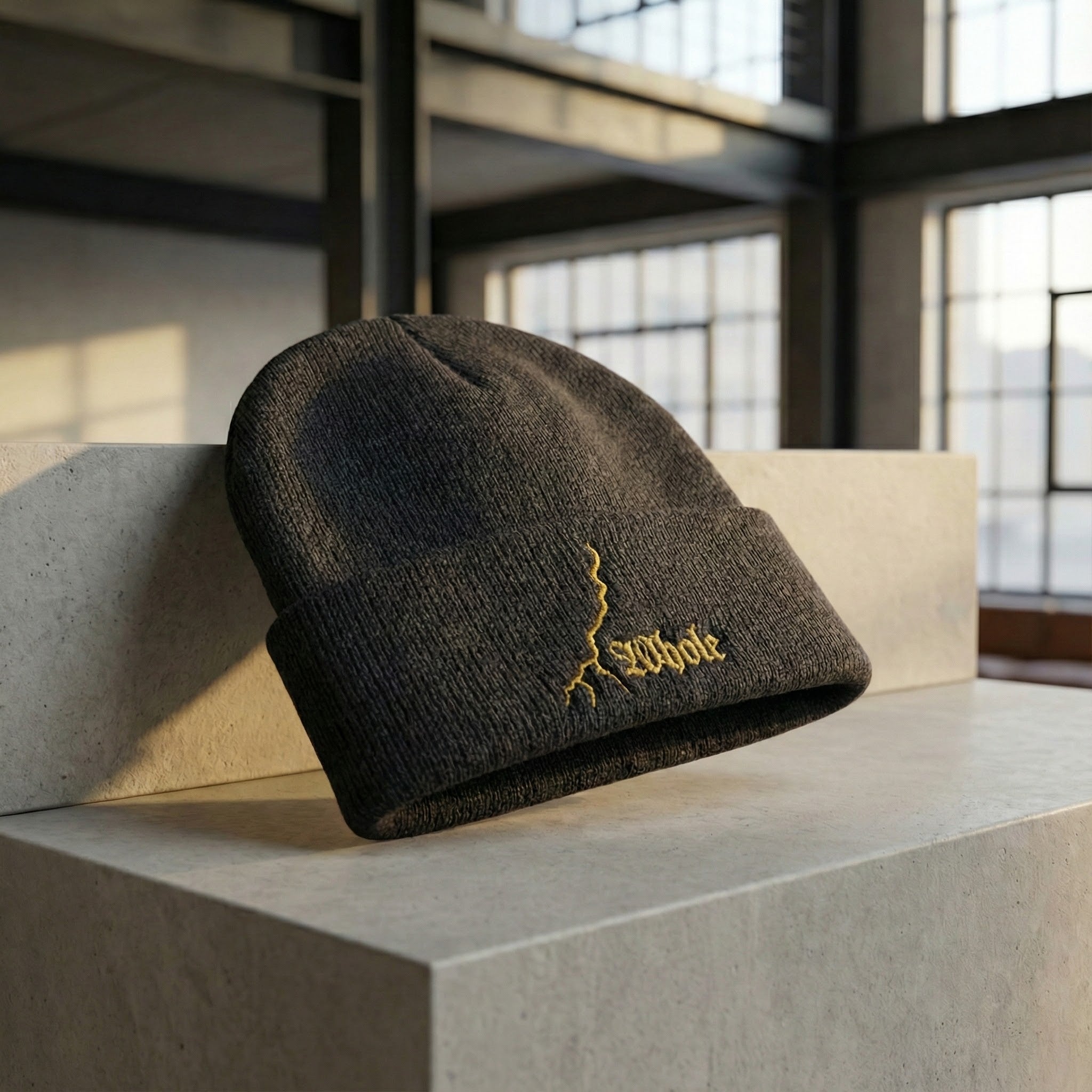 Christian Streetwear Beanie - Mended & Whole Gold Embroidery - Dark Charcoal Knit Hat - Faith Based Apparel Gift - Urban Lightning Bolt Cap