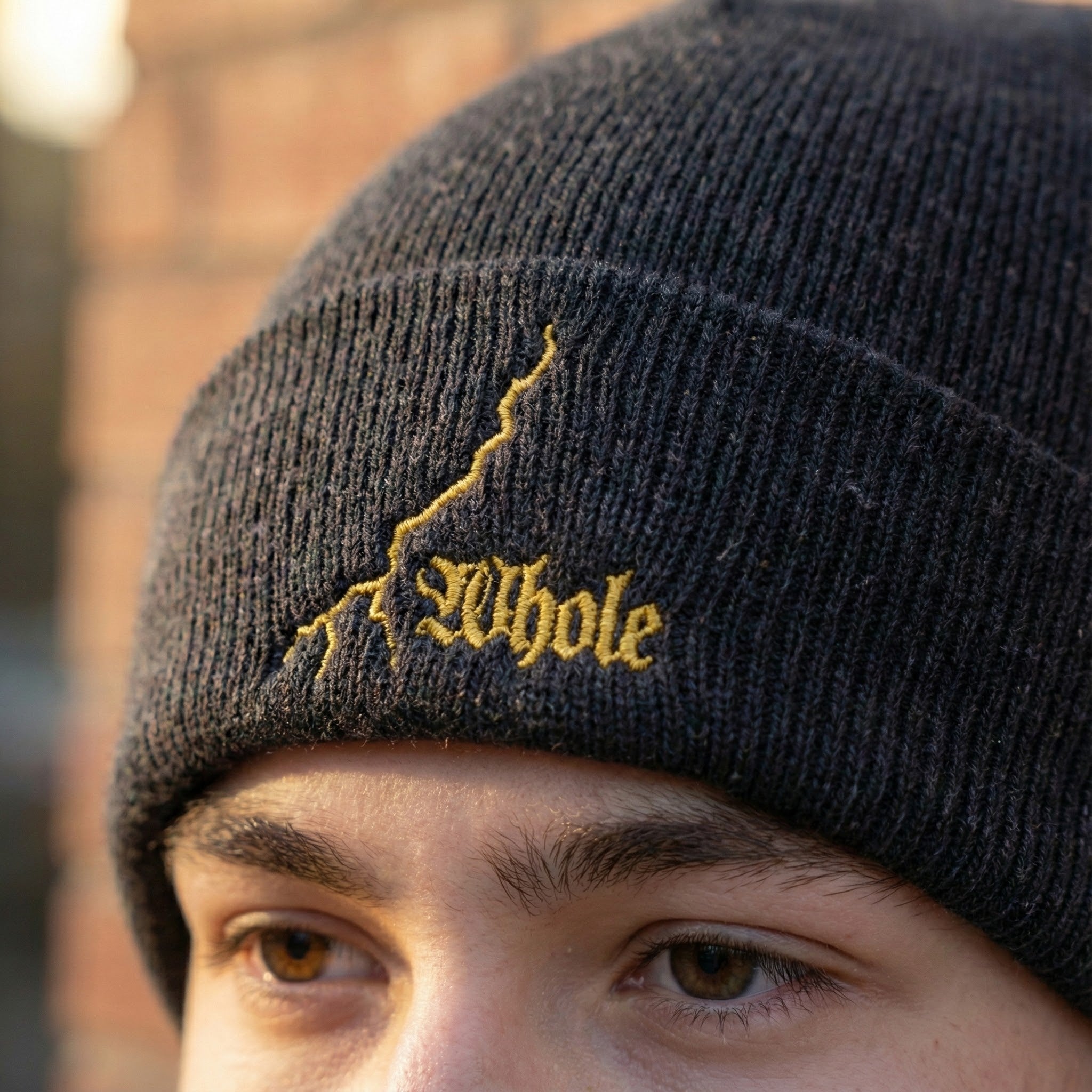 Christian Streetwear Beanie - Mended & Whole Gold Embroidery - Dark Charcoal Knit Hat - Faith Based Apparel Gift - Urban Lightning Bolt Cap