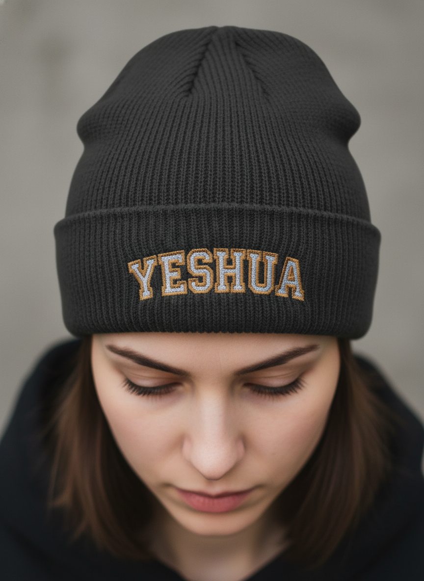 Yeshua Beanie, Christian Cuff Beanie, Religious Script Knit Hat, Faith Winter Hat, Embroidered Christian Beanie, Gift for Believers