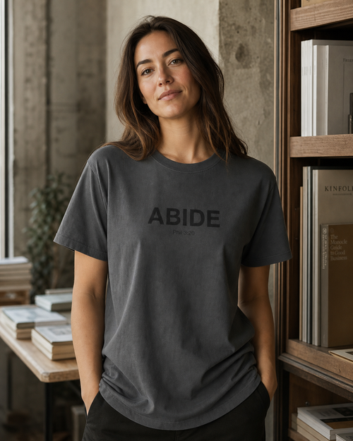 ABIDE Christian Shirt, Philippians 3:20 Tee, Minimalist Faith Streetwear, Tone on Tone Blackout Tee, Modern Bible Verse Gift