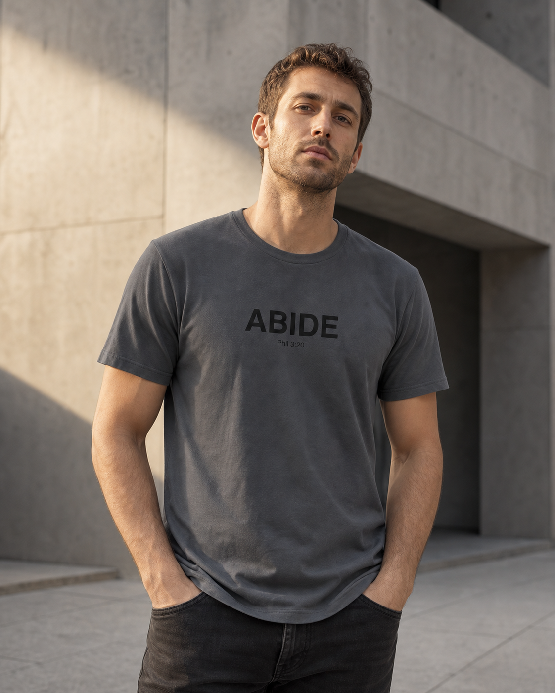 ABIDE Christian Shirt, Philippians 3:20 Tee, Minimalist Faith Streetwear, Tone on Tone Blackout Tee, Modern Bible Verse Gift