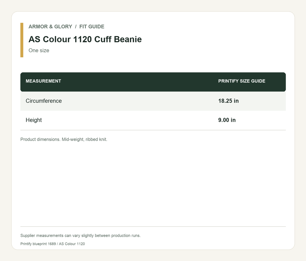 Printify size guide for AS Colour 1120 Cuff Beanie: Circumference: 18.25 in; Height: 9.00 in