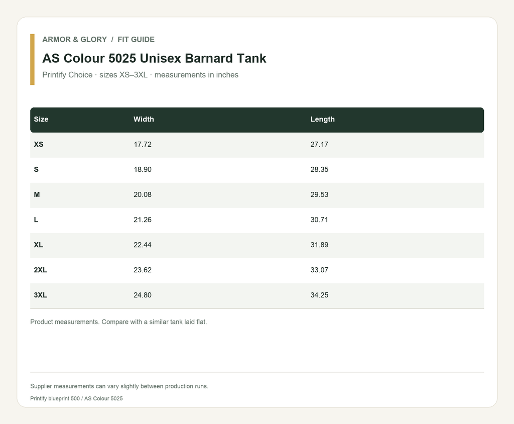 Printify supplier size guide for AS Colour 5025 Unisex Barnard Tank: enabled sizes XS, S, M, L, XL, 2XL, 3XL. Product measurements. Compare with a similar tank laid flat.