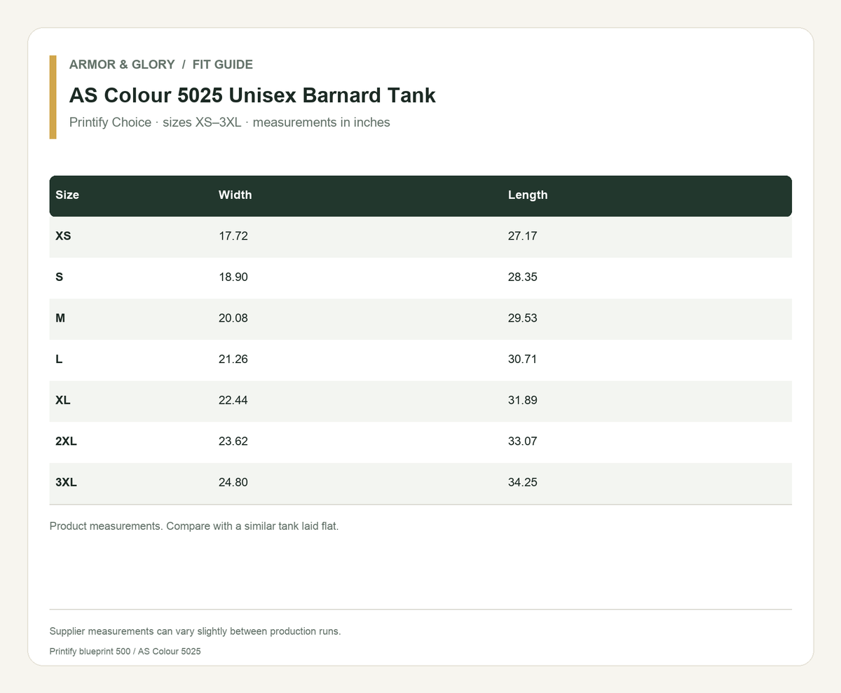 Printify supplier size guide for AS Colour 5025 Unisex Barnard Tank: enabled sizes XS, S, M, L, XL, 2XL, 3XL. Product measurements. Compare with a similar tank laid flat.