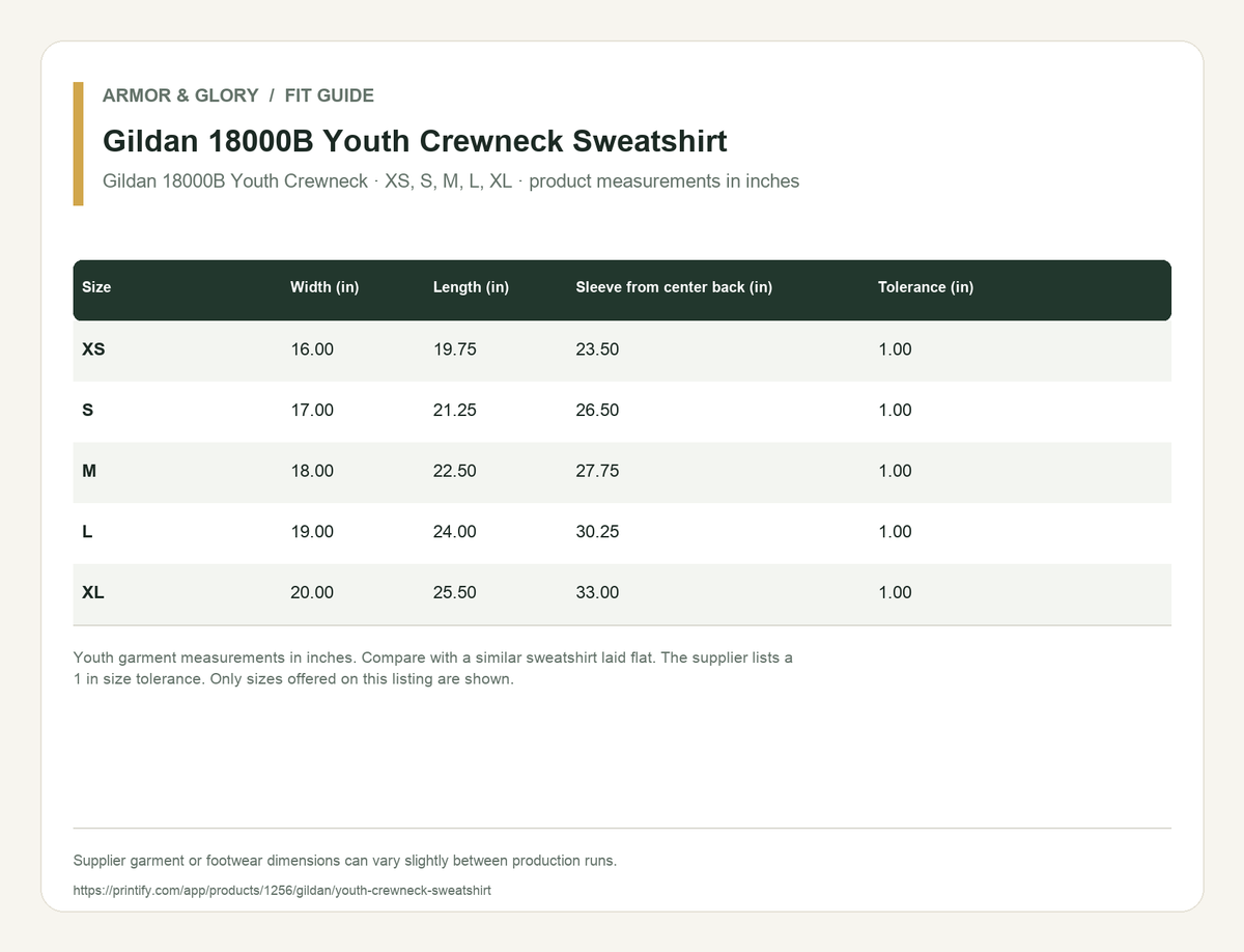 Supplier fit and size guide for Gildan 18000B Youth Crewneck Sweatshirt: Gildan 18000B Youth Crewneck · XS, S, M, L, XL · product measurements in inches.