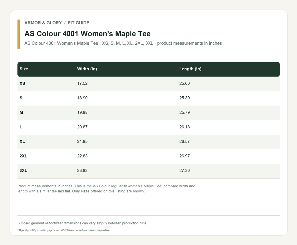Supplier fit and size guide for AS Colour 4001 Women's Maple Tee: AS Colour 4001 Women's Maple Tee · XS, S, M, L, XL, 2XL, 3XL · product measurements in inches.