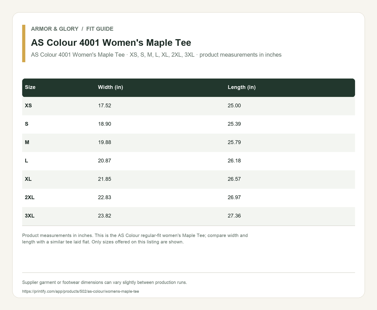 Supplier fit and size guide for AS Colour 4001 Women's Maple Tee: AS Colour 4001 Women's Maple Tee · XS, S, M, L, XL, 2XL, 3XL · product measurements in inches.