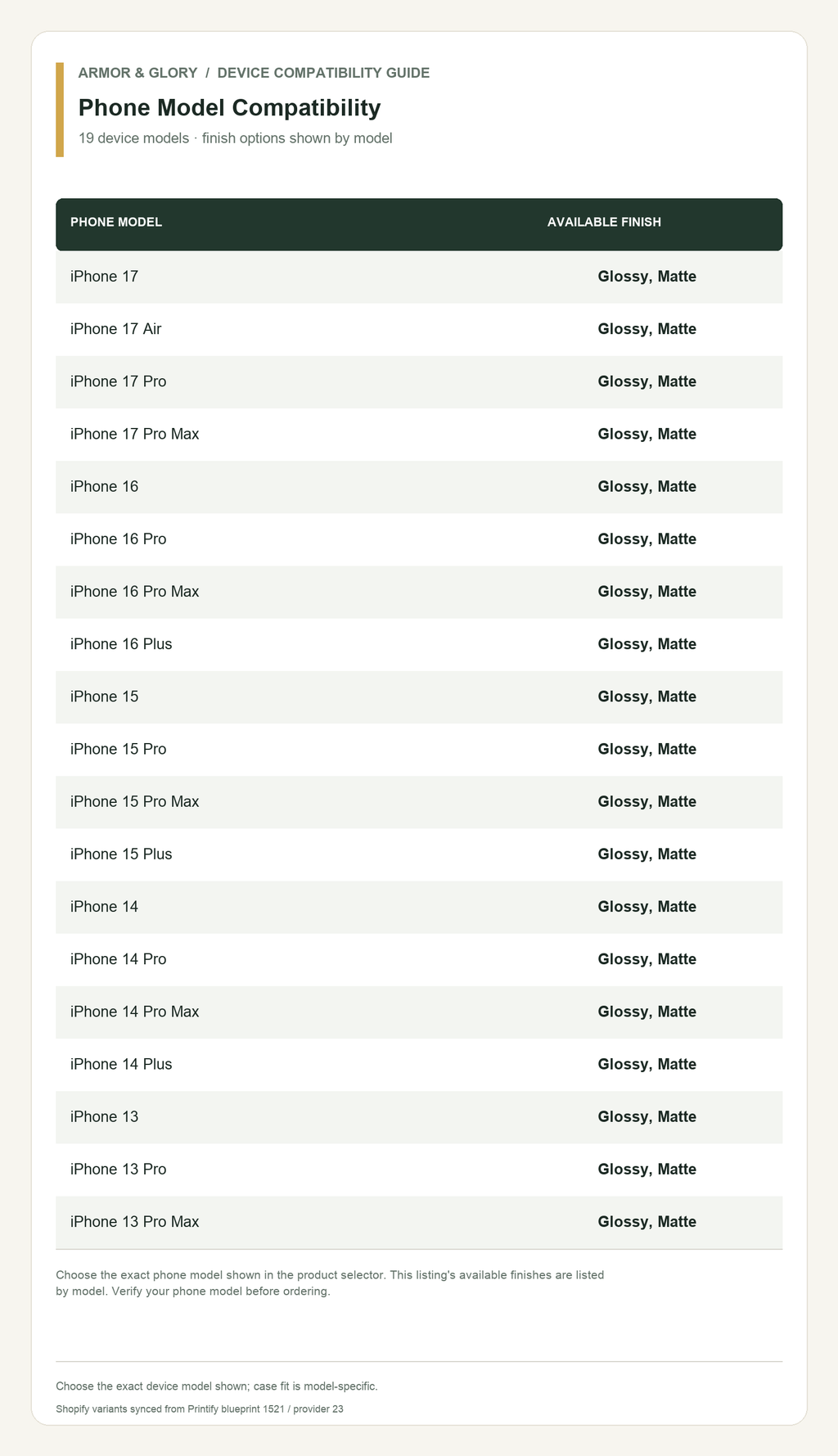 Phone compatibility size guide for Phone Model Compatibility: 19 device models · finish options shown by model.