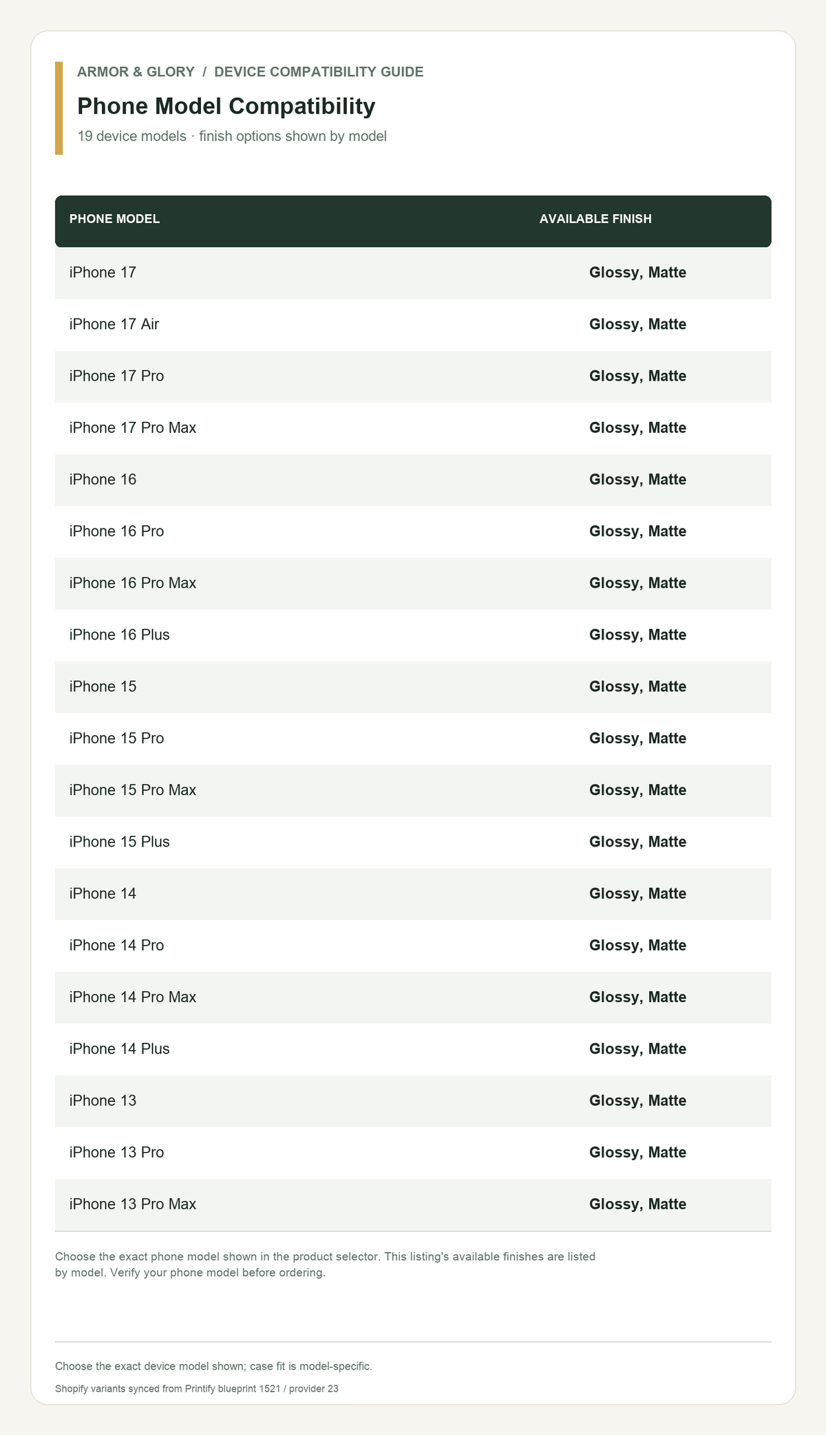 Phone compatibility size guide for Phone Model Compatibility: 19 device models · finish options shown by model.