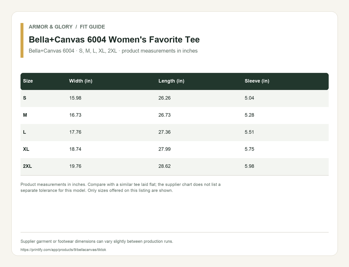 Supplier fit and size guide for Bella+Canvas 6004 Women's Favorite Tee: Bella+Canvas 6004 · S, M, L, XL, 2XL · product measurements in inches.