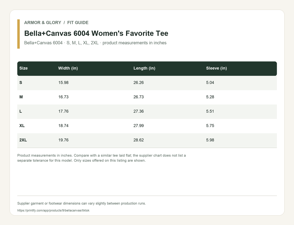 Supplier fit and size guide for Bella+Canvas 6004 Women's Favorite Tee: Bella+Canvas 6004 · S, M, L, XL, 2XL · product measurements in inches.