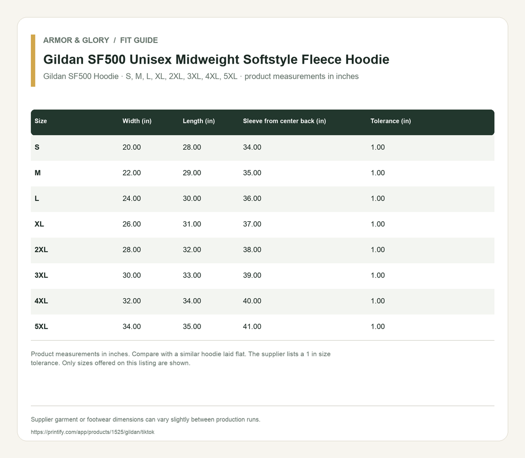 Supplier fit and size guide for Gildan SF500 Unisex Midweight Softstyle Fleece Hoodie: Gildan SF500 Hoodie · S, M, L, XL, 2XL, 3XL, 4XL, 5XL · product measurements in inches.