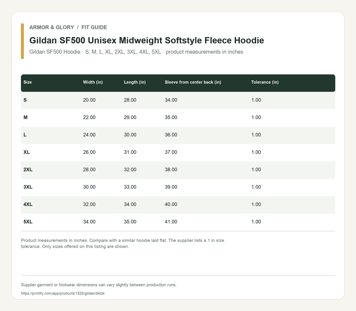 Supplier fit and size guide for Gildan SF500 Unisex Midweight Softstyle Fleece Hoodie: Gildan SF500 Hoodie · S, M, L, XL, 2XL, 3XL, 4XL, 5XL · product measurements in inches.