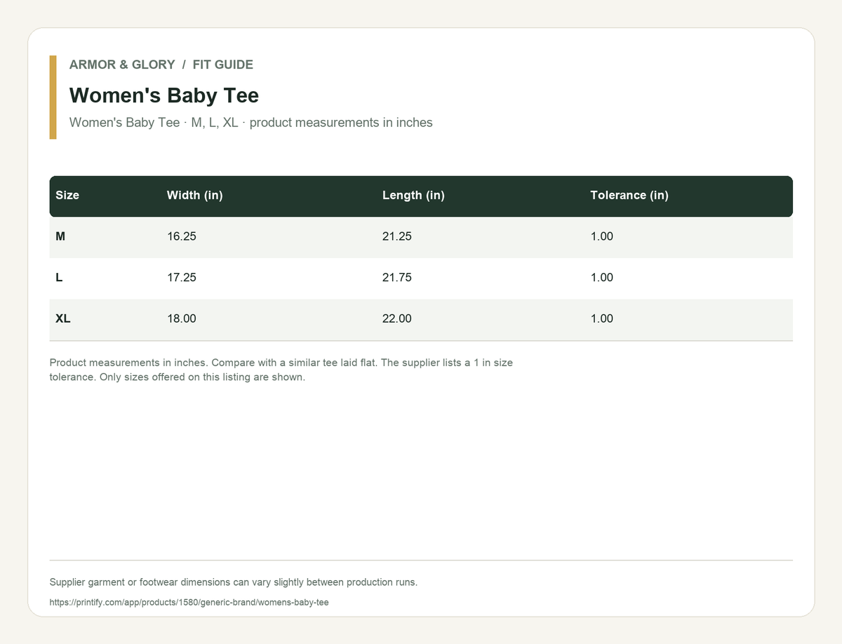 Supplier fit and size guide for Women's Baby Tee: Women's Baby Tee · M, L, XL · product measurements in inches.