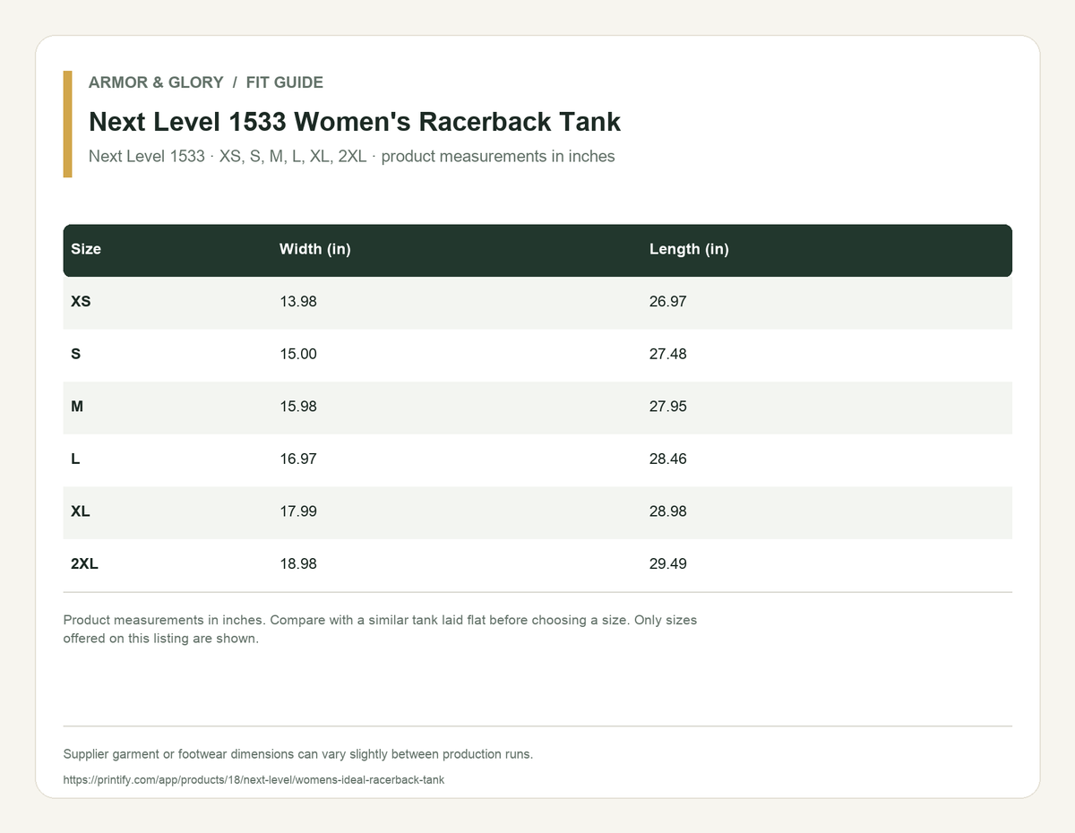 Supplier fit and size guide for Next Level 1533 Women's Racerback Tank: Next Level 1533 · XS, S, M, L, XL, 2XL · product measurements in inches.