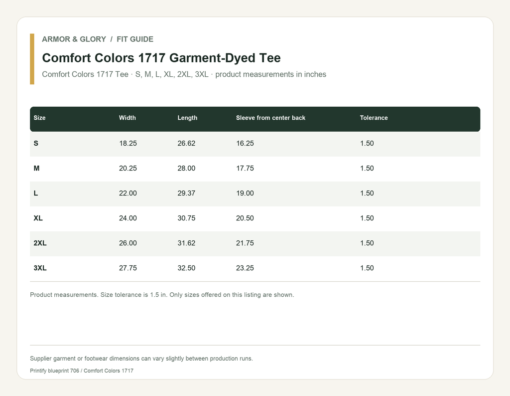 Supplier fit and size guide for Comfort Colors 1717 Garment-Dyed Tee: Comfort Colors 1717 Tee · S, M, L, XL, 2XL, 3XL · product measurements in inches.