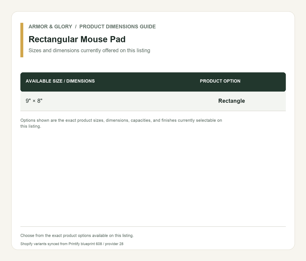 Product sizes and dimensions guide for Rectangular Mouse Pad: Sizes and dimensions currently offered on this listing.