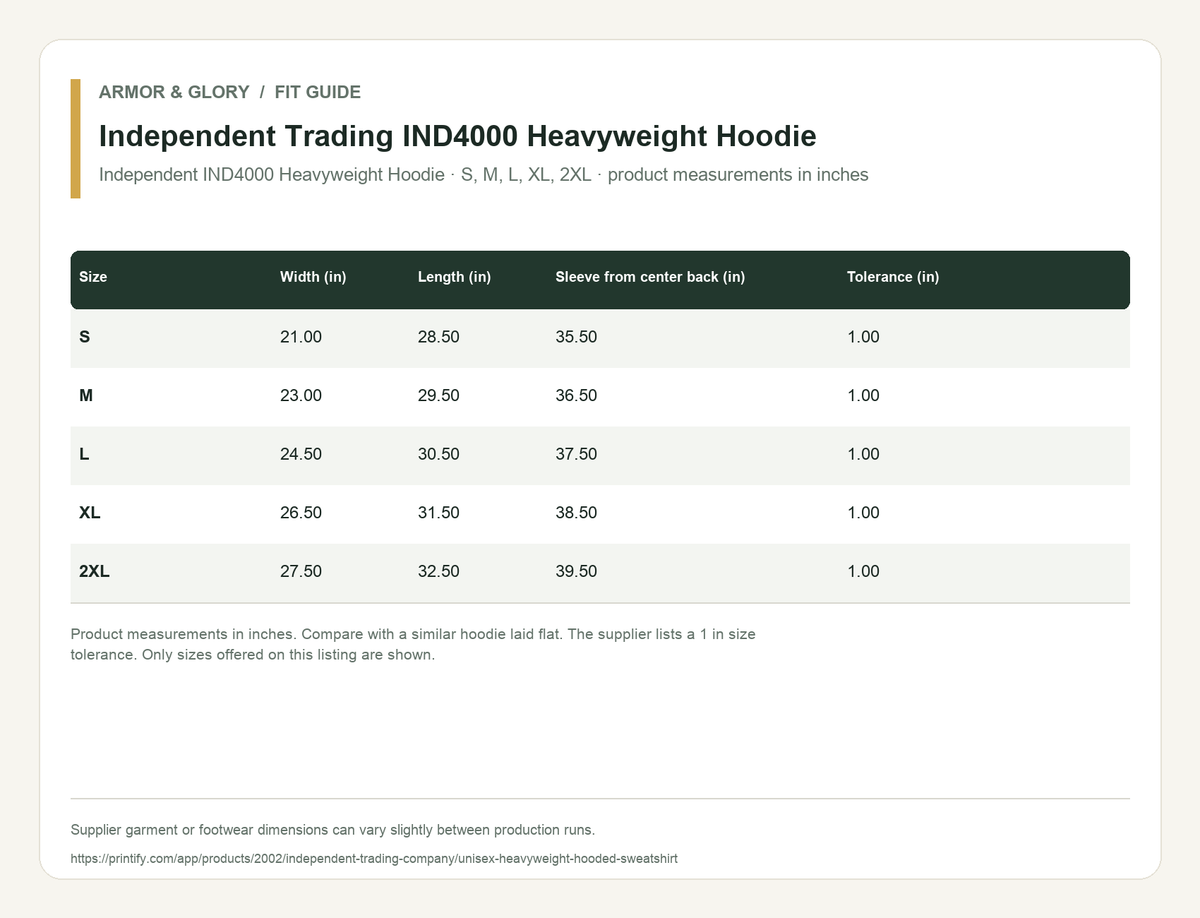 Supplier fit and size guide for Independent Trading IND4000 Heavyweight Hoodie: Independent IND4000 Heavyweight Hoodie · S, M, L, XL, 2XL · product measurements in inches.